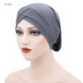 Grey women milk silk turban cap cross twist chemotherapy head wrap soft elastic beanie hat style - One Size / Gray