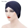 Navy blue criss-cross turban hat for women, soft chemo cap and stylish headwear for daily wear. - One Size / Navy Blue