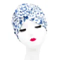 Blue and white floral printed turban hat, stylish donut twisted head wrap for women. - One Size / YQ2-17