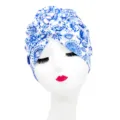 Blue and white floral turban hat featuring a stylish coiled swirl flower design for women. - One Size / YQ2-19