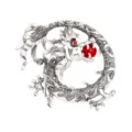 Broche de dragón vintage plateado con cristales negros y cuenta roja, joya elegante para traje. - Plata Antigua Perla Roja