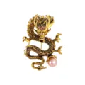 Broche de dragón dorado vintage con diamantes de imitación marrones y perla rosa. - Oro Antiguo Serie 2