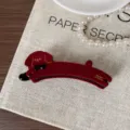 Cute red puppy banana hair clip with bow and pearls decor, stylish pony tail vertical clamp. - Red