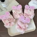 Sweet pink bow lace hair scrunchies set, cute macaron hair accessories for women and girls. - Two-Piece Set / Pink Series