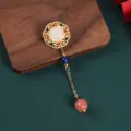 New Chinese retro literary brooch pendant, vintage gold metal carved design with beads. - Lotus Pink