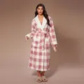 Women's pink plaid fleece bathrobe with cozy sherpa trim winter sleepwear long robe - S / Pink Plaid