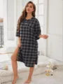 Plaid Nightgown Grey Variant, Comfortable Flannel Sleepwear for Women, Cozy Long Sleeve Design - One Size / Dresses / Black