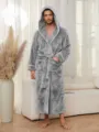 Men's plush grey hooded bathrobe with white piping, cozy winter sleepwear loungewear. - M / Gray