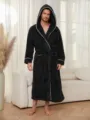 Men's black plush hooded bathrobe with white piping, cozy winter sleepwear cozy robe. - M / Black