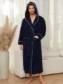Men winter plush hooded bathrobe cozy fleece sleepwear with contrast piping navy blue - M / Navy Blue