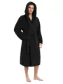 Men's Black Fluffy Fleece Hooded Bathrobe, Cozy Thick Winter Sleepwear with Belt - M / Black