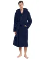 Men's plush fleece hooded bathrobe in dark blue with cozy belt and pockets for winter warmth. - M / Navy Blue