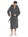 Men's dark grey hooded fleece bathrobe, thick plush bath robe with belt and pockets. - M / Dark Gray