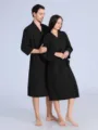 Men women waffle bathrobe couple sleepwear breathable soft loungewear casual hotel robe - Black (Women)