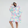 Oversized fluffy tie-dye wearable blanket hoodie, soft fleece loungewear for cozy relaxing. - One Size / Iridescent