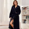 Women's dark blue fleece hooded bathrobe with white piping, cozy plush sleepwear robe - M / Navy Blue