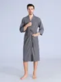 Men's grey waffle bathrobe, lightweight sleepwear, breathable loungewear for home and hotel. - S / Grey [Men]
