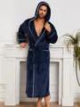 Men's plush flannel hooded bathrobe, cozy dark blue sleepwear with white piping. - M / Navy Blue