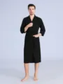 Men's black waffle knit bathrobe, lightweight sleepwear with belt and pockets for daily use. - S / Black (Men)