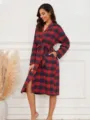 Damen Karo Bademantel Langarm Plus Size Morgenmantel mit Gürtel, gemütliche Hausbekleidung. - M / Morgenmantel / Rot-schwarz kariert