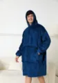 Dark blue flannel wearable blanket hoodie with large pocket, cozy thick lazy loungewear. - One Size / Dark Blue
