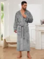 Men's grey flannel fleece hooded bathrobe, soft long sleepwear for cozy home lounging. - M / Light Gray