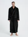 Men Black Flannel Bathrobe Long Fleece Sleepwear Contrast Piping Warm Cozy Loungewear - S / Male Style / Black