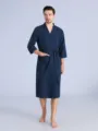 Men's dark blue waffle bathrobe lightweight sleepwear loungewear with belt and pockets - S / Navy Blue [Male]
