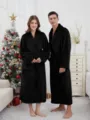 Bata larga de franela de invierno para parejas pijama de felpa cálido para hombre y mujer - M / Bata / Negro