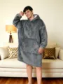Grey fleece wearable blanket hoodie with large front pocket for cozy winter lounging. - One Size / Gray