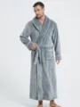 Men's grey flannel long plush bathrobe with elegant white piping, comfortable sleepwear. - S / Male Style / Gray