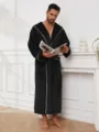 Men black flannel fleece bathrobe with white piping, cozy long loungewear winter sleepwear - M / Black