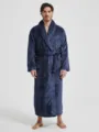 Herren Plüsch Flanell Bademantel in Dunkelblau mit Schalkragen und Gürtel für gemütliche Stund. - M / Morgenmantel / Marineblau