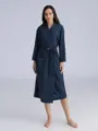 Women's dark blue waffle knit long sleeve bathrobe with belt and pockets for spring summer. - Navy Blue [Female]