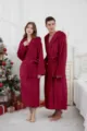 Red couple flannel hooded bathrobe, long thick winter sleepwear for men and women. - Burgundy