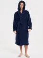 Dunkelblauer Plüsch Bademantel für Herren mit Kapuze, kuschelige Fleece Hausbekleidung winterlich. - Marineblau - Herren