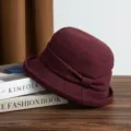 Retro pleated wine red cloche hat detail view, elegant wool blend bucket hat for women. - Adjustable / Burgundy