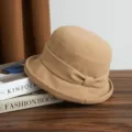 Women vintage pleated flat top wide brim bucket hat casual chic felt hat for spring autumn - Adjustable / Khaki