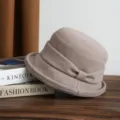 Vintage beige pleated flat top wide brim hat detail, casual autumn stylish cloche hat. - Adjustable / Light Khaki