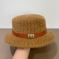 Brown knitted flat top bucket hat with leather buckle detail for autumn and winter. - M (56-58cm) / Dark Khaki