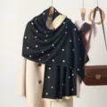 Winter warm black scarf with cute white heart pattern, elegant long cashmere-feel shawl. - Small Heart Pattern - Black
