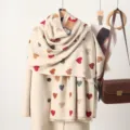 Cozy imitation cashmere winter scarf with multi-color hearts, elegant shawl for women. - Big Heart Pattern - Beige