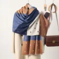 Detail view of the soft color-block heart pattern winter scarf, stylish and warm. - Patchwork Heart - Blue