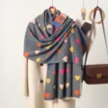 Detailed view of a cozy grey women winter scarf with colorful hearts and soft texture. - Big Heart Pattern - Black