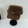 Brown suede flat top hat with metal rivet details, vintage street style military cadet cap. - M (56-58cm) / Coffee
