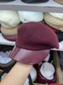 Burgundy knitted beret hat for women, autumn winter leather brim newsboy cap retro stylish painter hat. - Red