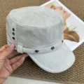 Grey suede flat top cadet cap women retro military hat detail view stylish spring summer wear. - Off White