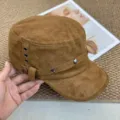 Brown suede flat top cap with metal eyelets and studs, stylish retro newsboy hat for women. - Khaki