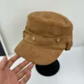Women suede flat top cap brown cadet hat with metal rivets retro vintage military hat streetwear - M (56-58cm) / Camel Yellow