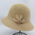 Women autumn winter knit bucket hat stylish plush basin hat warm casual solid color cap - One Size / Beige With Flower Pom-Pom